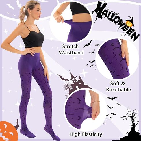 MANZI Women's Halloween Patterned Tights Opaque Purple Tights with Designs Orange Pumpkin Tights with Bats Skull Pantyhose in Saudi Arabia