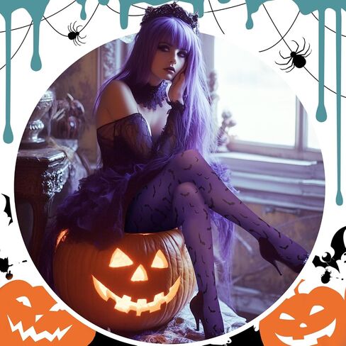 MANZI Women's Halloween Patterned Tights Opaque Purple Tights with Designs Orange Pumpkin Tights with Bats Skull Pantyhose in Saudi Arabia