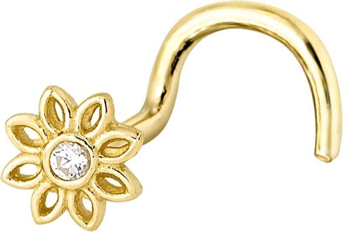 20G Solid 14K Yellow Gold Sunflower Nose Stud, L-Shape, Nose Screw, Ball-end CZ Accenter Flower Nose Ring L-Bend Stud in Kuwait