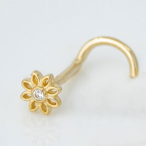 20G Solid 14K Yellow Gold Sunflower Nose Stud, L-Shape, Nose Screw, Ball-end CZ Accenter Flower Nose Ring L-Bend Stud in Kuwait