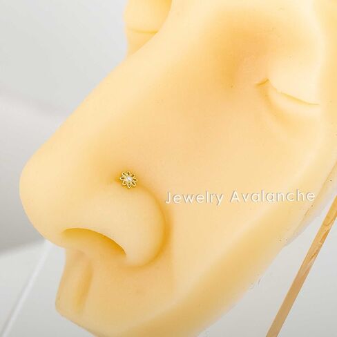20G Solid 14K Yellow Gold Sunflower Nose Stud, L-Shape, Nose Screw, Ball-end CZ Accenter Flower Nose Ring L-Bend Stud in Kuwait