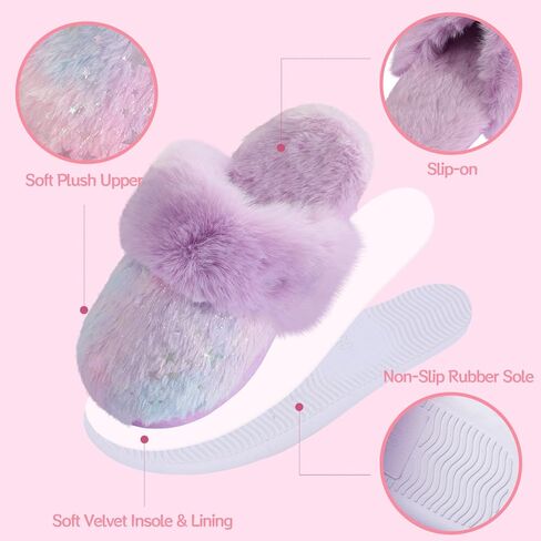 Girls Plush House Slippers Fluffy Multicolor Mermaid Slippers, Cute Faux Fur Slip-on Shoes Memory Foam House Slipper in Kuwait