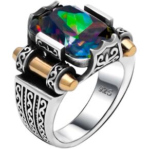 Genuine Solid 925 Sterling Silver Ring for Men, Accented with Bronze, Faceted Simulated Red Ruby Stone, Vintage Turkish Ottoman Style