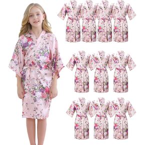 MORFORU 10pcs Girls Kids Silky Satin Daffodils Kimono Robe Sleepwear for Wedding Spa Birthday Party