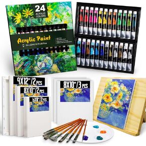 43 Pack Painting Set, Paint Kit, Acrylic Paint Kit with 6 Canvas, Painting Supplies Kit with Table Easel, 24 Paints (22ml), 8 Brushes, Idea Gift for Kids Adults