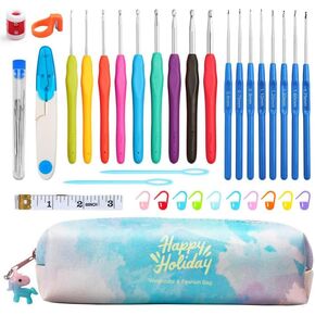 QZLKNIT 17 Size Crochet Hooks Set,Crochet Kit for Beginners with Case,Crochet Needles and Crochet Accessories,Ergonomic Crochet Hook Set for Arthritic Hands