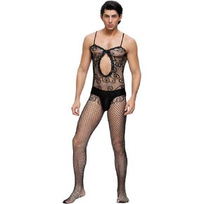 comeondear Sissy Lingerie for Men Stretch Lace Lingerie Sheer Mesh Fishnet Bodystocking One Piece Nightwear Bow