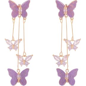 Rhinestone Butterfly Tassel Earrings for Women 3D Animal Drop Dangle Earrings Crystal Long Purple Butterfly Earrings
