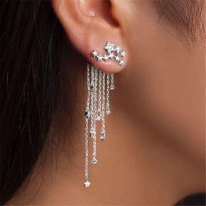fxmimior Women Bridal Vintage Star Long Tassels Rhinestones Shiny Stud Dangle Earrings Fashion Gold Simple Earrings for Women and Girls (Gold)