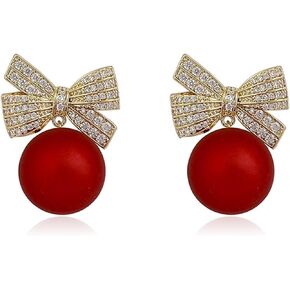 Christmas Earrings for Women Pearl Drop Earrings Dainty Rhinestone Bow Earring Christmas Jewelry for Her Stocking Stuffers for Women Christmas Gifts 2024