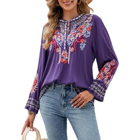 Womens Fall Fashion Long Sleeve Mexican Shirts Embroidered Tops Peasant Blouses Boho Clothes for WomenTrendy 2024
