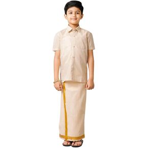 طقم قميص Chandrakala Dhoti للأولاد نصف كم مناديل Jari فستان هندي جنوبي (KB103-P)