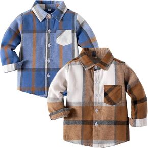 Boys Plaid Button Down Shirt Toddler Long Sleeve Collared Shirts Jacket Kids Fall Clothes Size 3-8T (2 Pack)