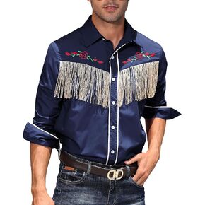 Men's Western Cowboy Shirt Rose Embroidered Fringe Design Shirts Long Sleeve Button Down Shirt S-XXL