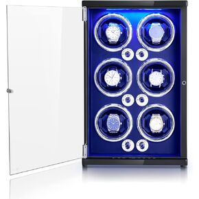 JQUEEN Watch Winder for Automatic Watches, Walnut Paint LED 6 Watch Winders with Quiet Japanese Motor, Open The Cover and Stop, 4 Rotation Modes