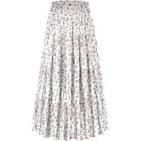 CYiNu Women's Chiffon Elastic High Waist Tiered Pleated Floral Printed A-Line Boho Long Maxi Skirts
