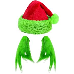QLINLEAF Christmas Hat and Green Monster Furry Hand Gloves Adult for Halloween Role Playing Costume Accessories Christmas Dressing Props