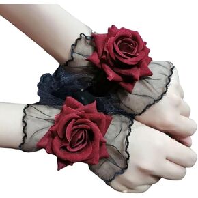 Furimuk Lolita Lace Gloves Fingerless Short Lace Wrist Cuff Black Hand Sleeve Bracelet Women Ruffled Red Floral Lolita Accessories for Halloween Wedding Wedding, Masquerade