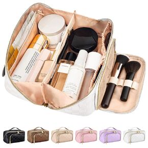 stona Travel Makeup Bag for Women, Large Capacity PU Leather Waterproof Checkered Cosmetic Bags, Portable Pouch Open Flat Toiletry Bag, Make up Organizer with Divider and Handle, Black