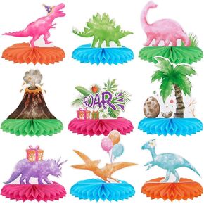 Watercolor Dinosaur Party Centerpiece - 9 PCS Dinosaur Party Table Decoration for Kids Girls Dino Themed Birthday Baby Shower Table Topper 3D Volcano Honeycomb Centerpieces