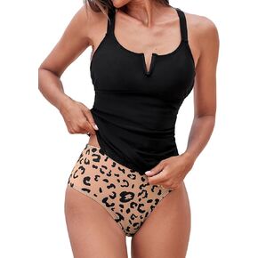 CUPSHE Women's Tankini Sets Two Piece Swimsuit Mid Rise Scoop Neck with V Cut Adjustable Straps Back Hook