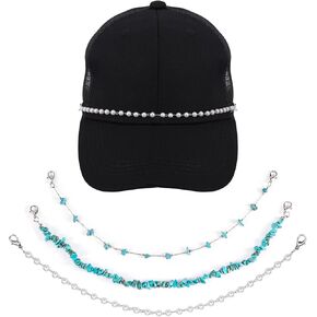 3pcs Trucker Hat Chains, Trendy Mesh Baseball Cap Brim Chain Trucker Hat Bill Chains Decorative Hat Accessories Pearl Turquoise Metal Chains Charms Strap for Hat Necklace Purse