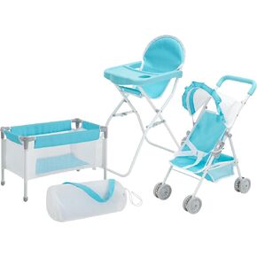 Olivia's Little World Polka Dot Princess Baby Doll 3pc Nursery Set - Crib, High Chair & Stroller, Pink & Gray