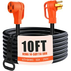 10 FT 50 Amp RV/EV Extension Cord Outdoor 4 Prong 250-Volt NEMA 14-50P to 14-50R, Suitable for RV Trailers, Campers, Tesla Model 3/S/X/Y, Heavy Duty STW AWG Gauge, UL & ETL Listed (10 Feet)