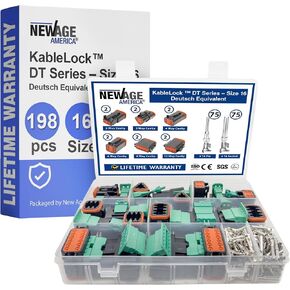 New Age America® 198 قطعة من موصلات KableLock™ المكافئة لسلسلة Deutsch DT | 2 دبوس - 12 دبوس | اتصالات مختومة ومشكلة | نحاس مطلي بالقصدير ونايلون PA66 | تصنيف IP67 مقاوم للماء | مع حالة متنوعة