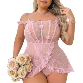 KAYLLE&KT Plus Size Lingerie Mesh Lace Lingerie Babydoll Floral Womens Strap Chemise Sleepwear