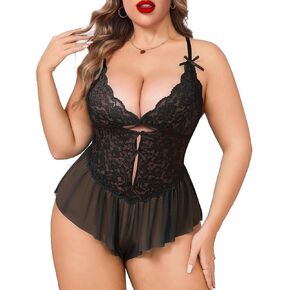 Kolagri Plus Size Lingerie for Women Sexy Lace Bodysuit V Neck Teddy Babydoll Mesh Chemise Sleepwear