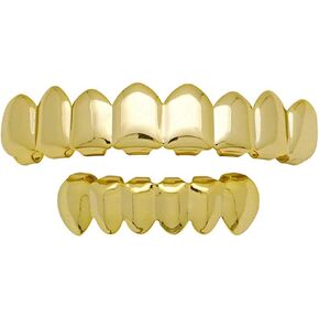 canjoyn Shiny 18K Gold Silver Grillz 8 Teeth Top and 6 Bottom Set Mouth Grillz + Extra 2 Molding Bars