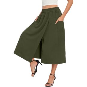 Capri Pants for Women Casual Relaxed Fit Dress Pant, High Waist Culottes, Split Flowy Palazzo Trousers with Pockets