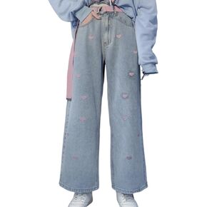 Harajuku Goth Kawaii Aesthetic Casual High Waisted Straight Wide Leg Vintage Pink Heart Embroidery Jean Pants