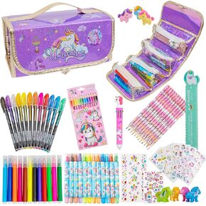 FTBox 72 PCS Unicorn Markers Set with Pencil Case, Acrylic Marker, Pencils, Twistable Crayons, Glitter Pen, Perfect Art Supplies Christmas Gift for Girls Ages 4-6-8