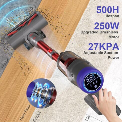 Cordless Stick Vacuum Cleaner, 55Mins Lightweight Vaccum with 250W Brushless Motor, LED Screen, Anti-Tangle Brush, 27KPA Rechargeable Wireless Vacuum Cleaner for Home Pet Hair Carpet Hard Floor in Saudi Arabia
