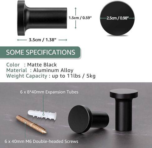 Metal Wall Hooks for Hanging,6 Coat Hooks Wall Mount,Heavy Duty Black Decorative Hooks for Cubicle Entryway,Bathroom Shower Hand Towel Hooks Hangers for Clothes Robe (Round) in Saudi Arabia