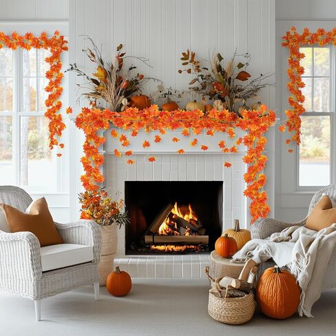 نوفرلايف 12 حزمة 27.5 م / 90 قدم ورقة القيقب الاصطناعي ، أوراق وهمية أوراق الخريف إكليل زهور معلقة نبات للمنزل والحديقة والفندق وحفلات الزفاف والمهرجانات ديكور عيد الميلاد رأس السنة الجديدة in Kuwait