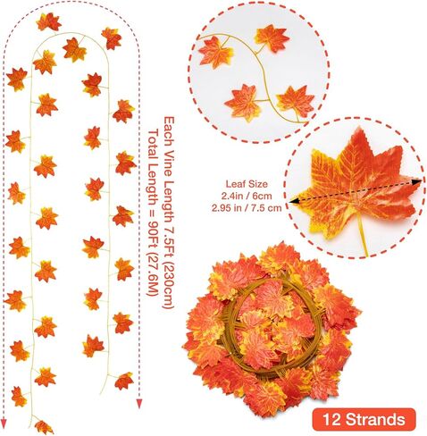 نوفرلايف 12 حزمة 27.5 م / 90 قدم ورقة القيقب الاصطناعي ، أوراق وهمية أوراق الخريف إكليل زهور معلقة نبات للمنزل والحديقة والفندق وحفلات الزفاف والمهرجانات ديكور عيد الميلاد رأس السنة الجديدة in Kuwait