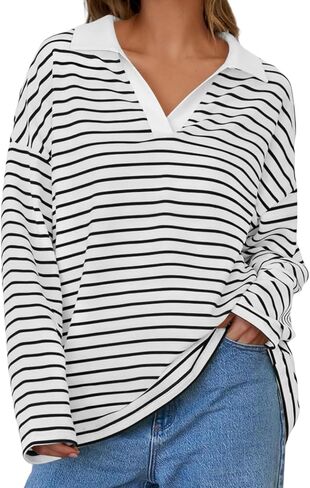 Women's Striped Long Sleeve V Neck Pullover Sweatshirt Oversized Y2K Shirt Tops 2024 Fall Fashion Clothes in Saudi Arabia