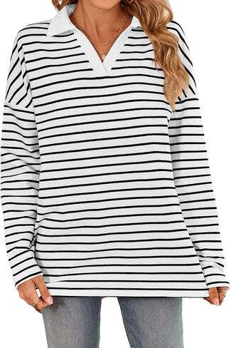 Women's Striped Long Sleeve V Neck Pullover Sweatshirt Oversized Y2K Shirt Tops 2024 Fall Fashion Clothes in Saudi Arabia
