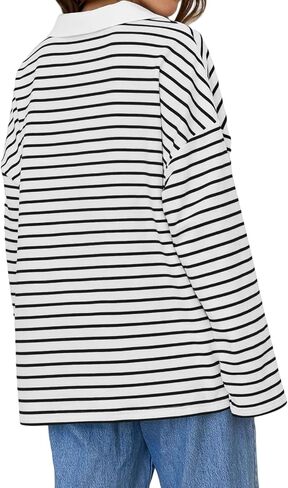 Women's Striped Long Sleeve V Neck Pullover Sweatshirt Oversized Y2K Shirt Tops 2024 Fall Fashion Clothes in Saudi Arabia