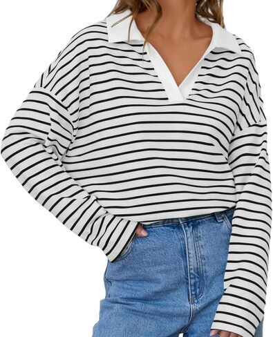 Women's Striped Long Sleeve V Neck Pullover Sweatshirt Oversized Y2K Shirt Tops 2024 Fall Fashion Clothes in Saudi Arabia