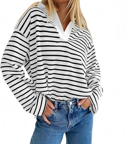 Women's Striped Long Sleeve V Neck Pullover Sweatshirt Oversized Y2K Shirt Tops 2024 Fall Fashion Clothes in Saudi Arabia