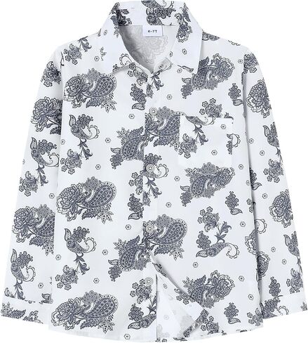 YALLET Boys Button Down Dress Shirt Long Sleeve Paisley Printed Shirts Hawaiian Casual Patterned Top for Kids 6-10T in Saudi Arabia