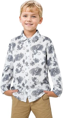 YALLET Boys Button Down Dress Shirt Long Sleeve Paisley Printed Shirts Hawaiian Casual Patterned Top for Kids 6-10T in Saudi Arabia