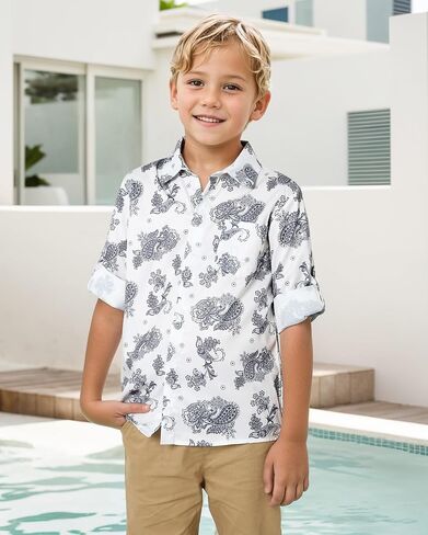 YALLET Boys Button Down Dress Shirt Long Sleeve Paisley Printed Shirts Hawaiian Casual Patterned Top for Kids 6-10T in Saudi Arabia