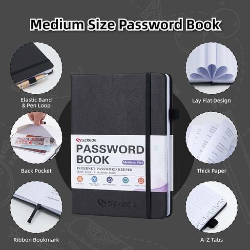 SZXEOE Password Keeper Book with Alphabetical Tabs, Password NoteBook for Seniors, Medium Size Address Book for Internet Website Log in Detail, Password Organizer Logbook for Home Office (Black) in Saudi Arabia