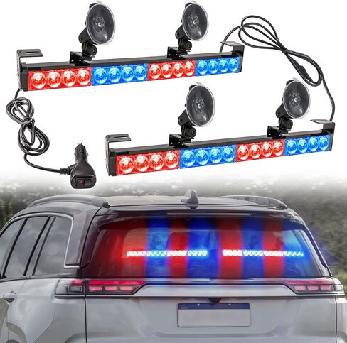 LE-JX Red/Blue 2 in 1 Emergency Strobe Light Bar 21 Flash Patterns Traffic Advisor Warning Hazard Windshield Safety Lights Bar with Cigar Lighter for Police Vehicles, Truck (2×16.8 inch, 32 Led) in Saudi Arabia