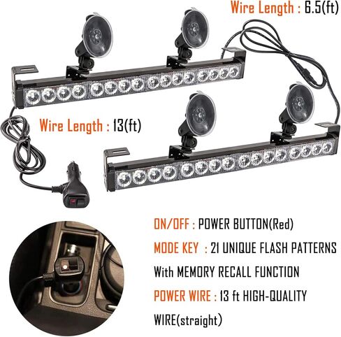 LE-JX Red/Blue 2 in 1 Emergency Strobe Light Bar 21 Flash Patterns Traffic Advisor Warning Hazard Windshield Safety Lights Bar with Cigar Lighter for Police Vehicles, Truck (2×16.8 inch, 32 Led) in Kuwait